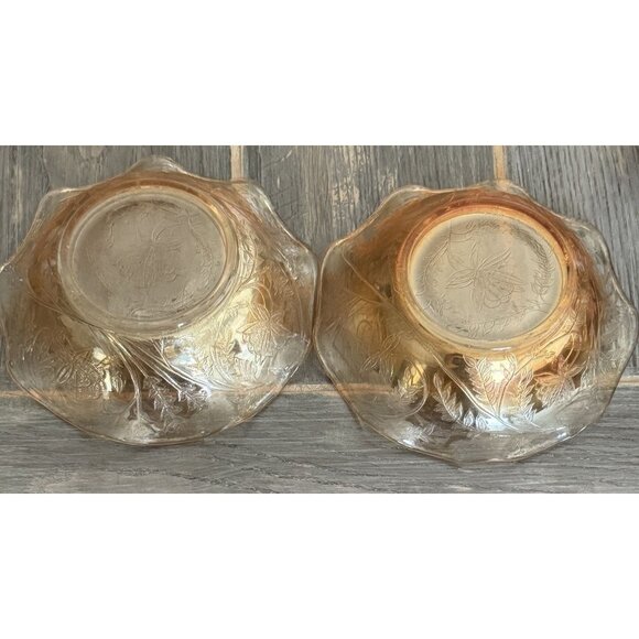 Vintage Amber Glass Bowls Set Of 2 With Intricate Floral Designs - 6" Diameter D - Picture 5 of 11